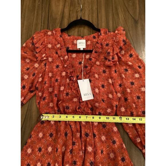 MISA Veruka maravi dots faux wrap Chiffon Long Sleeve Ruffled Mini Dress V Neck - Picture 7 of 12